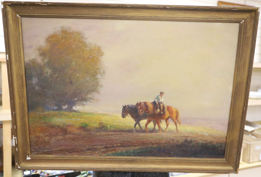Eugène Péchaubès (1890-1967), oil on board, Farmer and horses returning from the fields, signed, 48 x 71cm